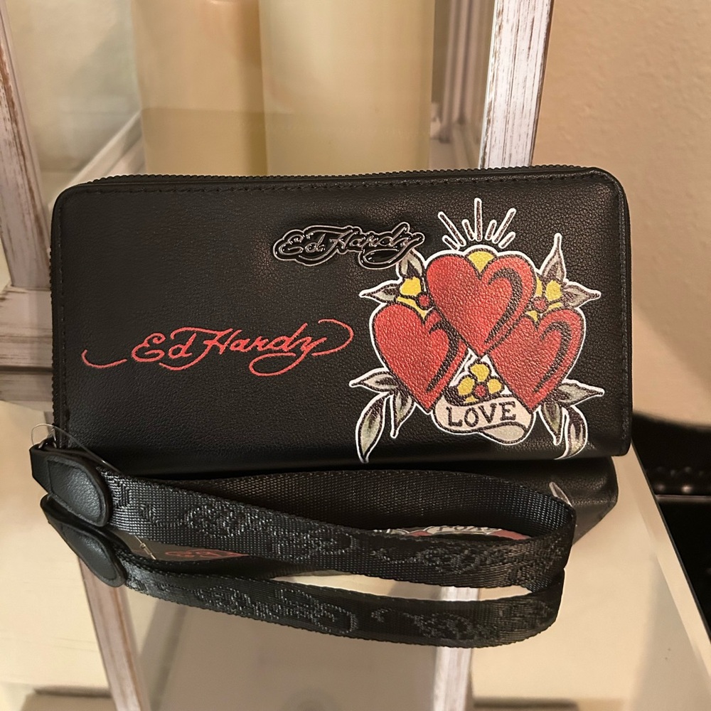 Ed Hardy Black Wristlet with Heart and Love Motif